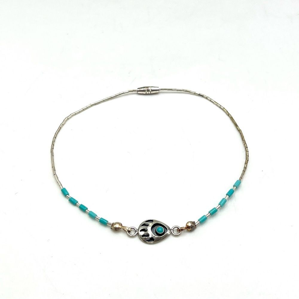 Boho Liquid Silver Bear Claw Anklet Marked USA 925‎ Southwestern Bohemian Blue